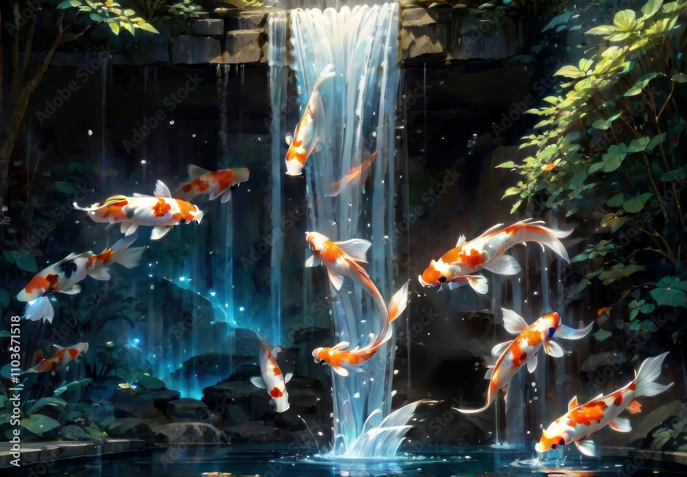 Koi Fish Gracefully Swimming Beneath a Serene Waterfall in a Lush Garden Paradise Koi Fish Gracefully Swimming Beneath a Serene Waterfall in a Lush Garden Paradise