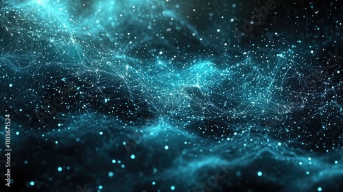 Intricate design of interconnected data atoms in a dark blue and black color palette, resembling a cosmic, digital landscape created with a game engine.