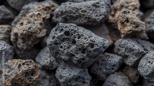 Close-up view of dark gray volcanic rocks with porous texture.  Rough, irregular shapes and sizes.  Natural stone background.