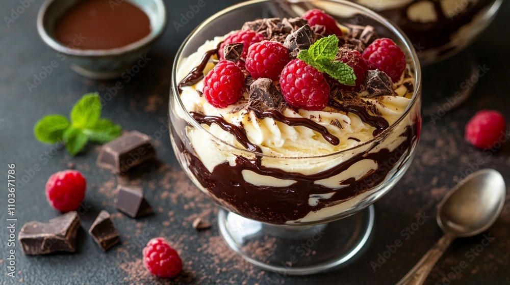 Creamy Bavarian Cream Dessert with Chocolate Sauce. Creamy Bavarian Cream Dessert with Chocolate Sauce.