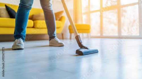 Young person in jeans vacuuming a light floor in a cozy room with Scandinavian-style furniture and large windows letting in natural light