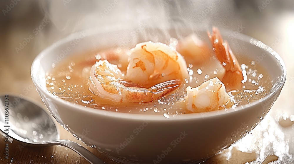 An artistic shot of a bowl of hot shrimp soup with a spoon resting beside it, with steam rising and droplets of broth glistening, inviting indulgence An artistic shot of a bowl of hot shrimp soup with a spoon resting beside it, with steam rising and droplets of broth glistening, inviting indulgence