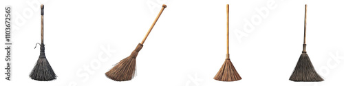 Wooden broom isolated on transparent background, Set of