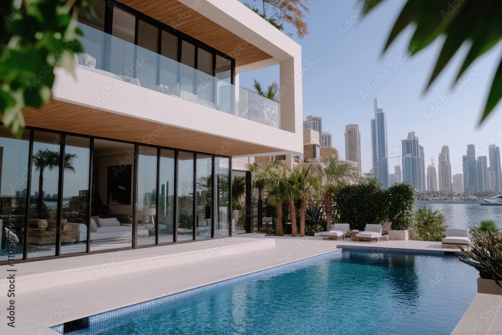 Fototapeta premium This image presents a stylish modern home with a stunning pool and an impressive skyline view, combining luxury living with a serene outdoor atmosphere for relaxation.