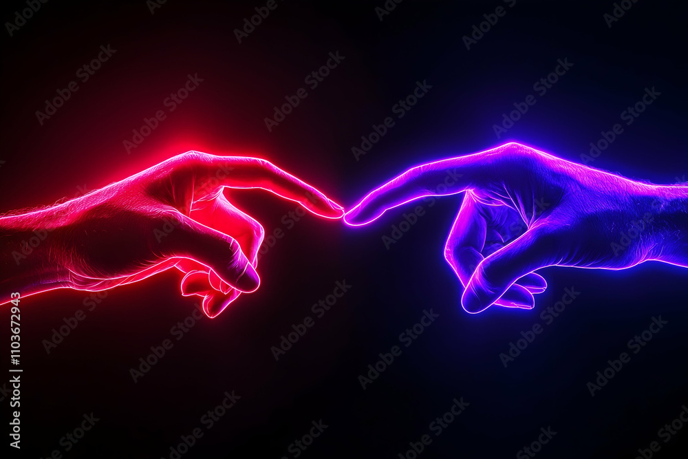 Two hands reaching towards each other, one pointing to the left and another finger on the right side, against a red and purple background, Two hands reaching towards each other, one pointing to the left and another finger on the right side, against a red and purple background,