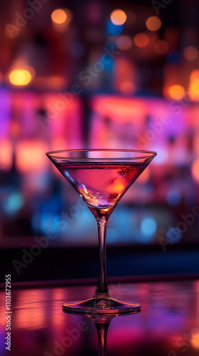 Martini glass on bar counter in night club, neon party. Alcoholic drink with ice in glass goblet.