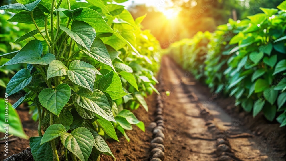 Lush Rows of Green Beans in a Vibrant Vegetable Garden with Abundant Foliage and Rich Soil, Showcasing Nature's Bounty and Perfectly Positioned for a Sunny Day Lush Rows of Green Beans in a Vibrant Vegetable Garden with Abundant Foliage and Rich Soil, Showcasing Nature's Bounty and Perfectly Positioned for a Sunny Day