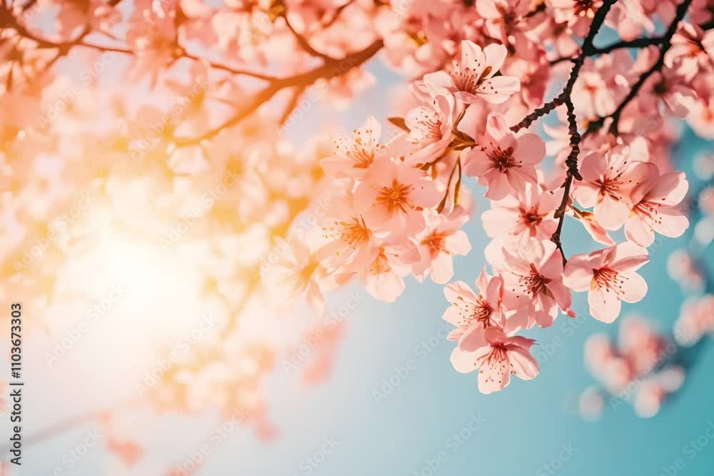 Sunlit Cherry Blossoms in Springtime, Blooming Beauty in a Tranquil Sunset Garden Scene