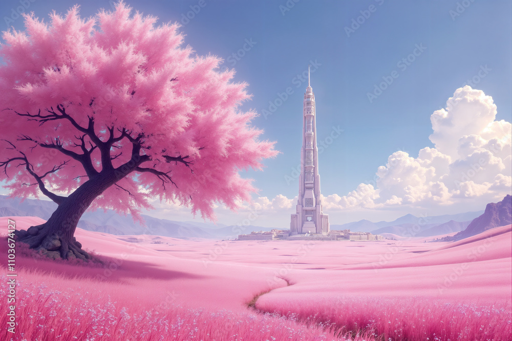 Pink grass field with blossoming tree and futuristic tower under blue sky Pink grass field with blossoming tree and futuristic tower under blue sky