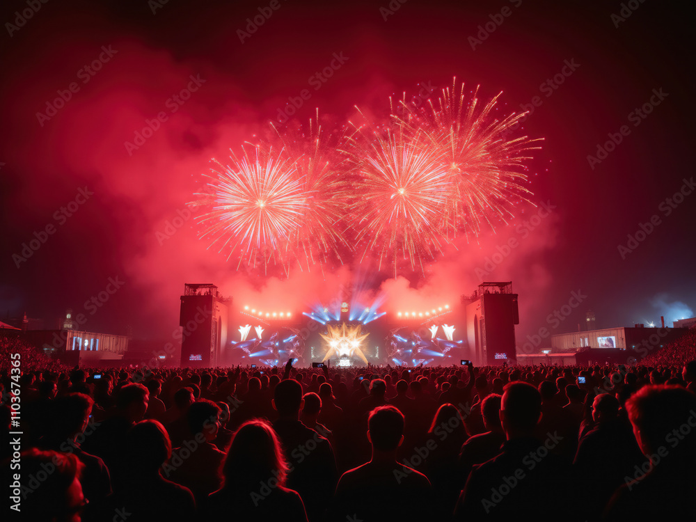 Crowd enjoying fireworks display at a music festival