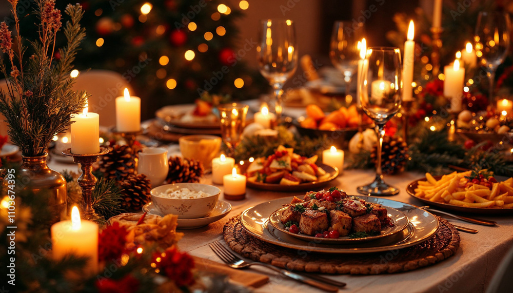 A festive New Year's dinner table with colorful decorations, delicious food, and candles. A festive New Year's dinner table with colorful decorations, delicious food, and candles.
