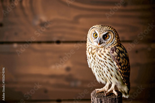 Wise old owl on a rustic wood-toned background photo