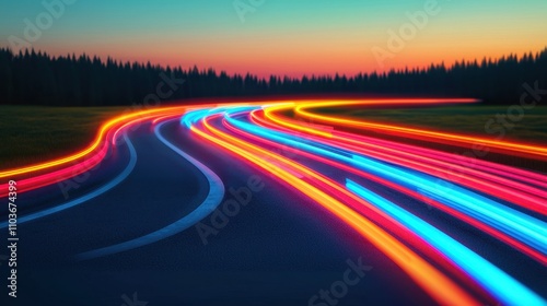 Colorful Light Trails on Scenic Road at Dusk with Forest Background