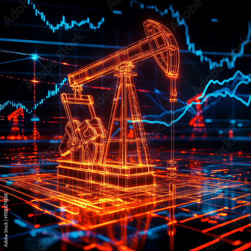 A glowing orange oil pump with stock market charts in the background, an orange gradient color scheme, in a digital art style, igital Representation of Oil Pumpjack and Market Analytics photo