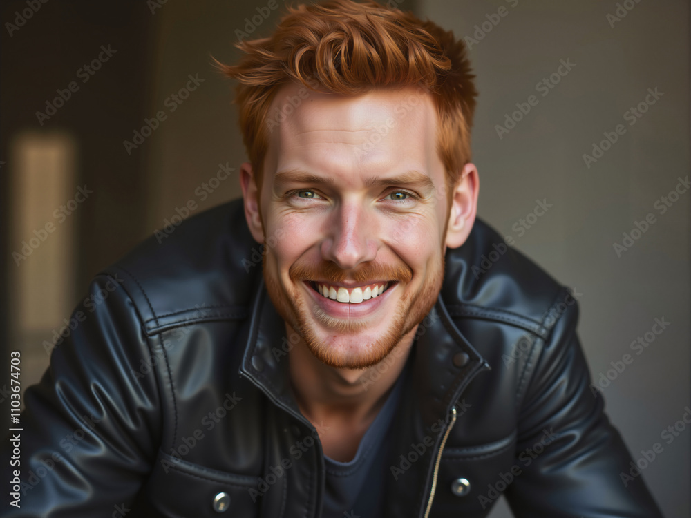 Fototapeta premium Portrait of smiling ginger man with a leather jacket showing teeth