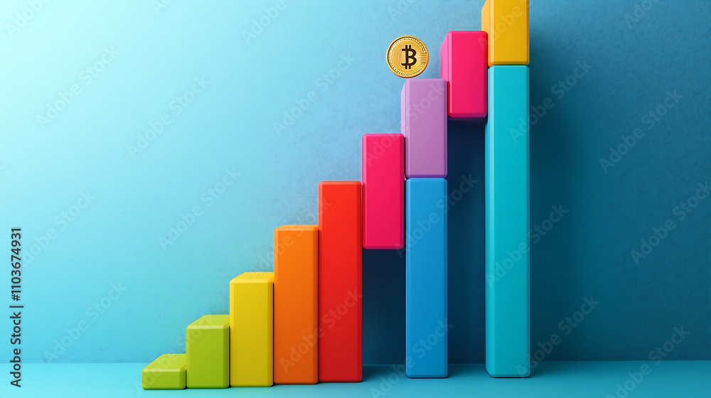 3D rendering shows a colorful bar graph ascending with a Bitcoin coin hovering above visually representing cryptocurrency price increase and growth 3D rendering shows a colorful bar graph ascending with a Bitcoin coin hovering above visually representing cryptocurrency price increase and growth