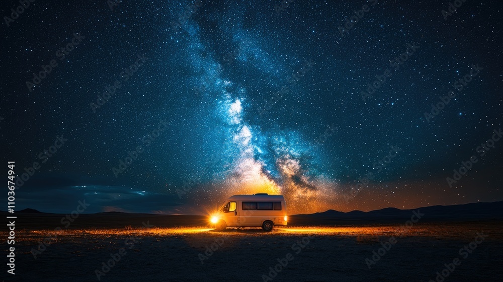 A camper van illuminated under a starry sky, showcasing the beauty of the Milky Way. A camper van illuminated under a starry sky, showcasing the beauty of the Milky Way.