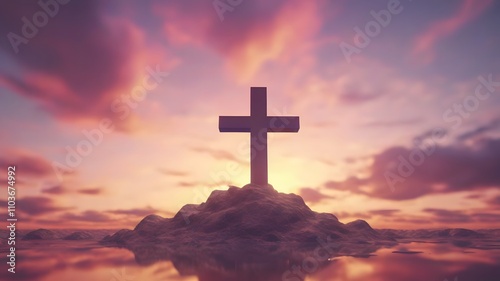 Christian Easter Concept – Religious Symbol Against a Colorful Sunset Sky, Generative AI Artwork 