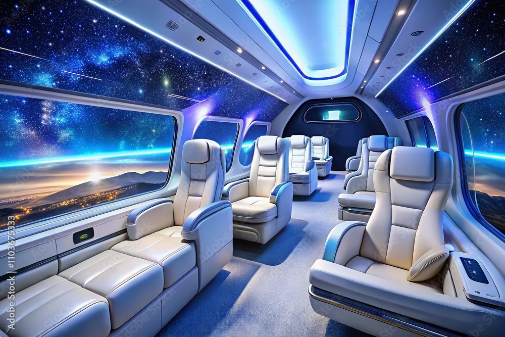 Luxurious Futuristic Spacecraft Interior with White Seats and Starry View Through Large Window, Showcasing Advanced Design and Comfort in Space Travel Experience