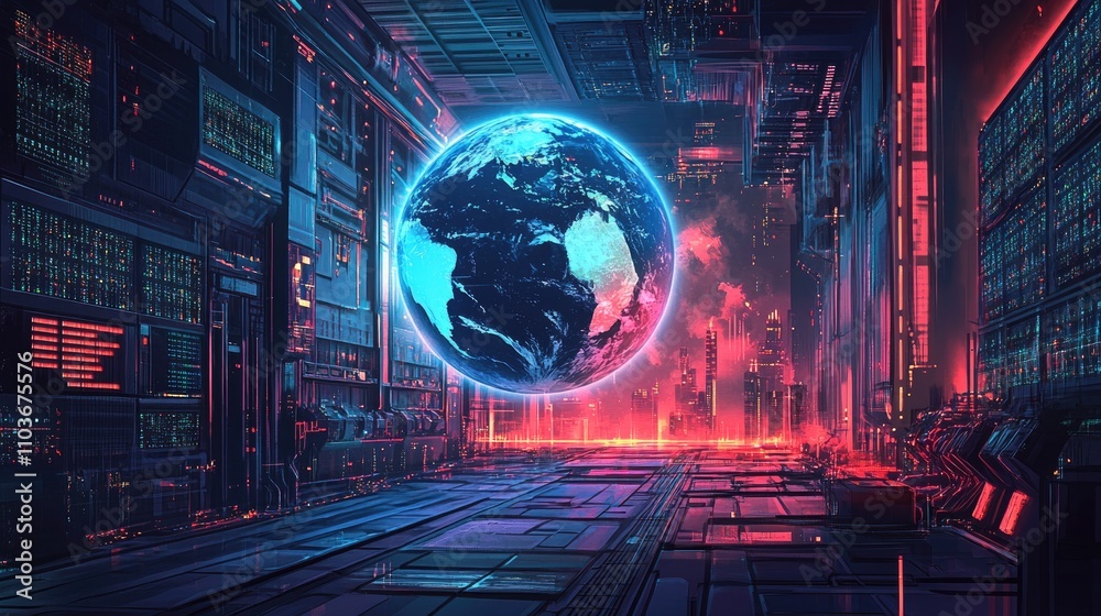 A high-tech scene featuring a giant glowing holographic Earth in a data center; cyberpunk aesthetic, bright neon accents, highly detailed background A high-tech scene featuring a giant glowing holographic Earth in a data center; cyberpunk aesthetic, bright neon accents, highly detailed background