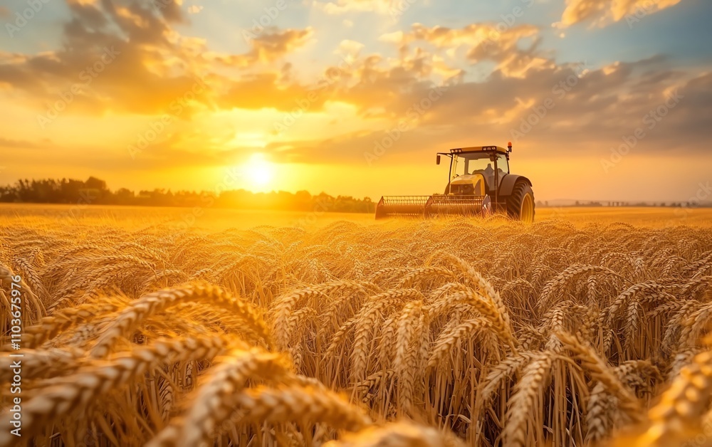 Fototapeta premium A tractor working in a wheat field at sunset, with the golden hues of the sky reflecting on the crops, highlighting the harvest process during the golden hour