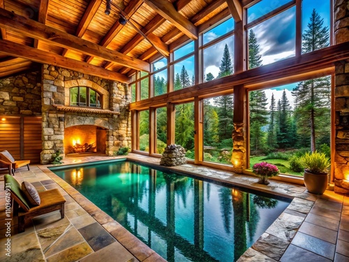 Luxurious Indoor Pool in a Log Cabin Surrounded by Stone and Wood Elements, Featuring Large Windows with Forest Views and a Cozy Stone Fireplace for Relaxation