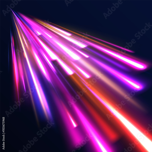 Futuristic dynamic motion technology blue glowing lines air flow effect.  Racing cars dynamic flash effects city road with long exposure. Horizontal speed lines connection vector background. 