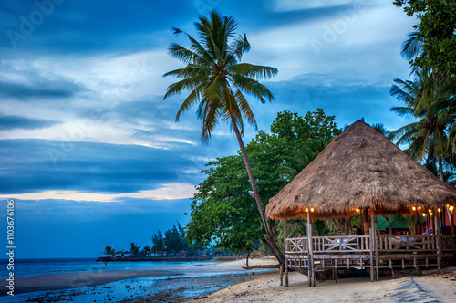 Bounty and prestine tropical beach with coconut palm trees and b photo