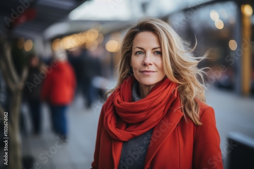 Portrait of a beautiful woman in a red coat and scarf on the street