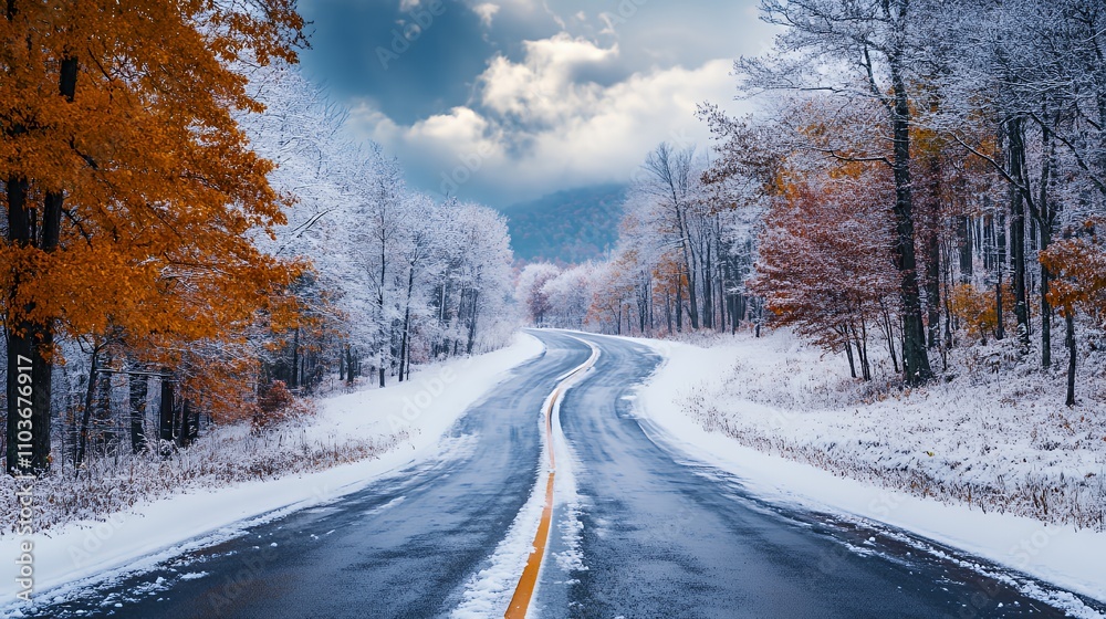 A winding road through a snowy landscape with autumn trees and cloudy skies. A winding road through a snowy landscape with autumn trees and cloudy skies.