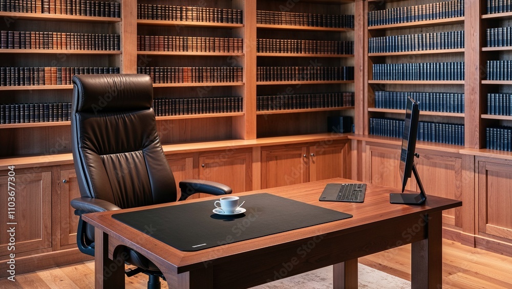 Ergonomic desk setup Classic office with wooden desk and bookshelves. Ergonomic desk setup Classic office with wooden desk and bookshelves.
