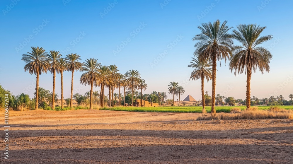 The beauty of the pyramids is amplified by golden light, with palm trees adding elegance to the tranquil desert landscape. The beauty of the pyramids is amplified by golden light, with palm trees adding elegance to the tranquil desert landscape.