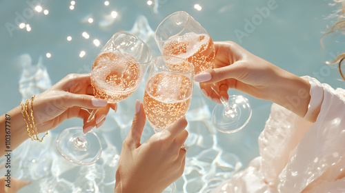 Three female hands, one female has gold tasteful jewelry, the other female has silver jewelry, the third female has a long blouse and is african, cheers delicate pink champagne glasses over a sunlit. photo