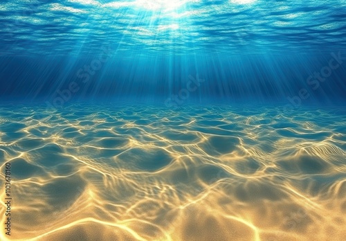 Beautiful Underwater Scene of Shimmering Light Reflections on Sand and Water Surfaces, Capturing the Tranquility and Beauty of Ocean Depths and Waves