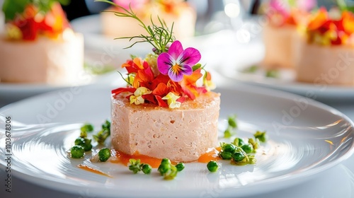 Plate of artisanal cat pate with a garnish of edible flowers, styled in a high-end culinary setting