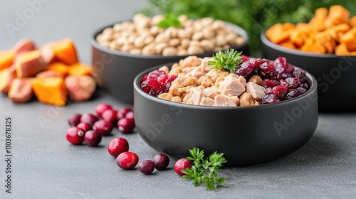 Rustic bowl of turkey-flavored cat food surrounded by ingredients like cranberries and sweet potatoes photo