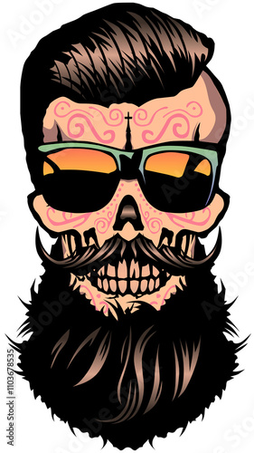 Tête de mort mexicaine à moustache et barbe hipster skull moustachu et crane mexicain barbu lunette de soleil
  photo