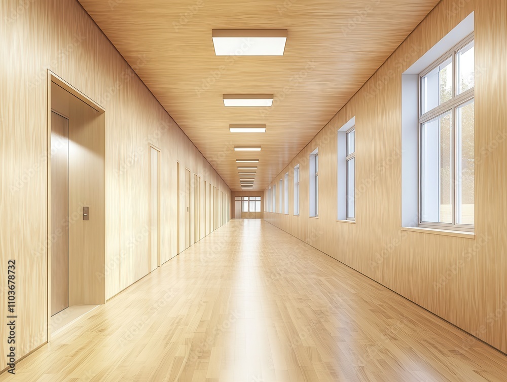 Bright and Modern Hallway Interior with Wooden Walls and Smooth Floors, Featuring Elevators, Windows, and Soft Ambient Lighting for Contemporary Spaces Bright and Modern Hallway Interior with Wooden Walls and Smooth Floors, Featuring Elevators, Windows, and Soft Ambient Lighting for Contemporary Spaces
