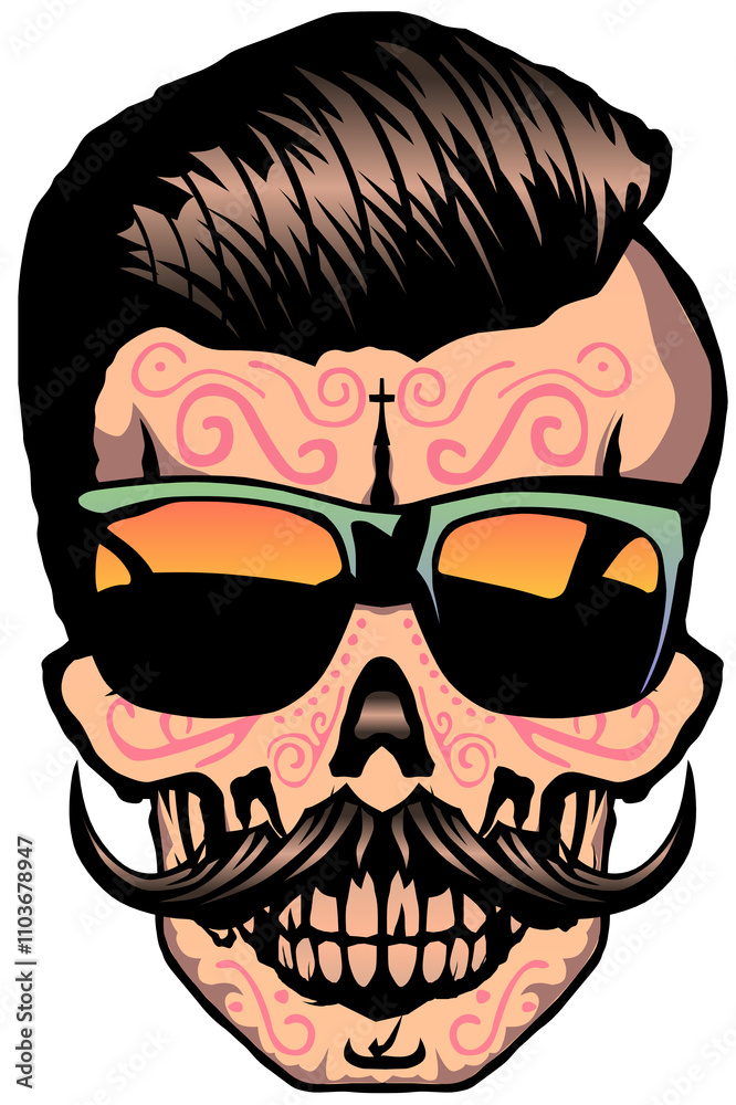 Tête de mort mexicaine à moustache hipster skull moustachu et crane mexicain lunette de soleil Tête de mort mexicaine à moustache hipster skull moustachu et crane mexicain lunette de soleil