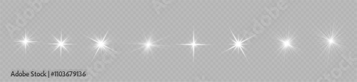 Glowing light burst and transparent back ground. Lights flare, star flash light, white sun rays, png. Sun flush with raos or spotlyght and boke. Lance flares network. 