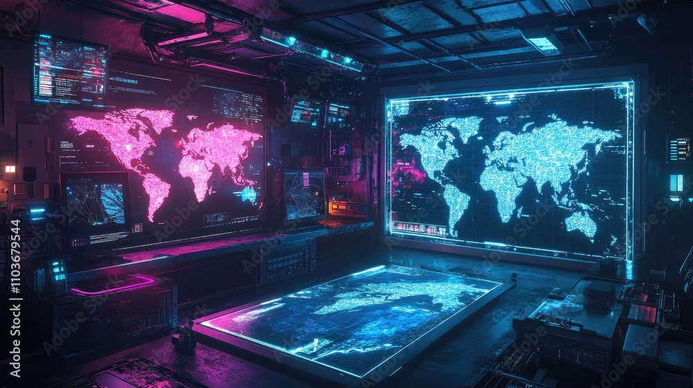 A network of holographic world maps with glowing connections, suspended in a dark tech lab; cyberpunk style, neon blue and magenta tones, ultra-detailed A network of holographic world maps with glowing connections, suspended in a dark tech lab; cyberpunk style, neon blue and magenta tones, ultra-detailed