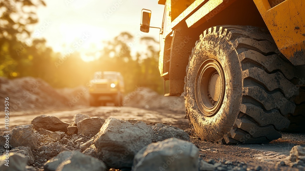 gold investment inflation hedge concept, A close-up view of a large truck tire on a rocky path with a second vehicle in the background, illuminated by warm sunlight during sunset. gold investment inflation hedge concept, A close-up view of a large truck tire on a rocky path with a second vehicle in the background, illuminated by warm sunlight during sunset.