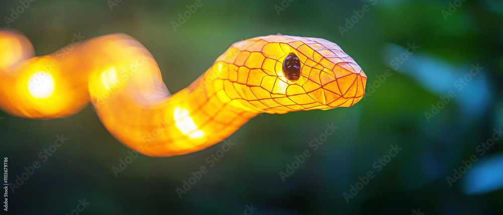Fototapeta premium A glowing, decorative snake-shaped light illuminates a vibrant green background, creating a whimsical and enchanting atmosphere.
