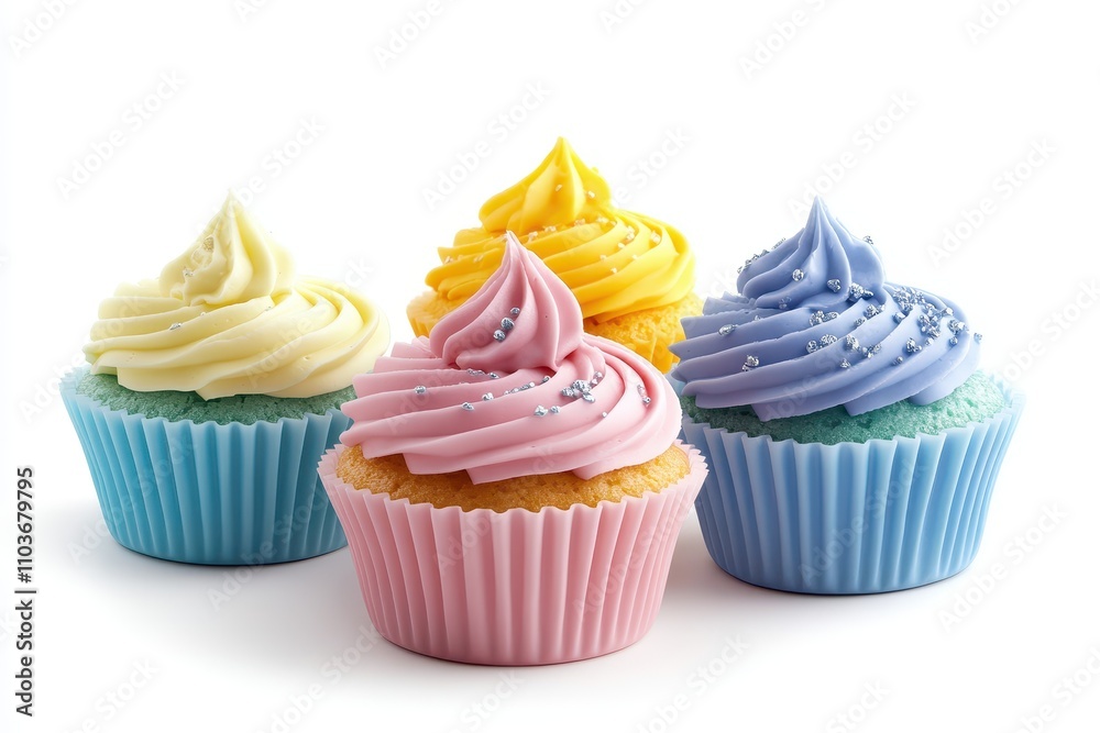 Four vibrant cupcake or muffin molds on a white backdrop