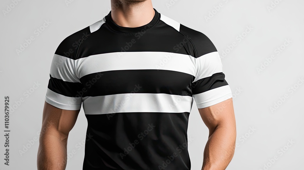 Athletic Man Models Black And White Rugby Shirt