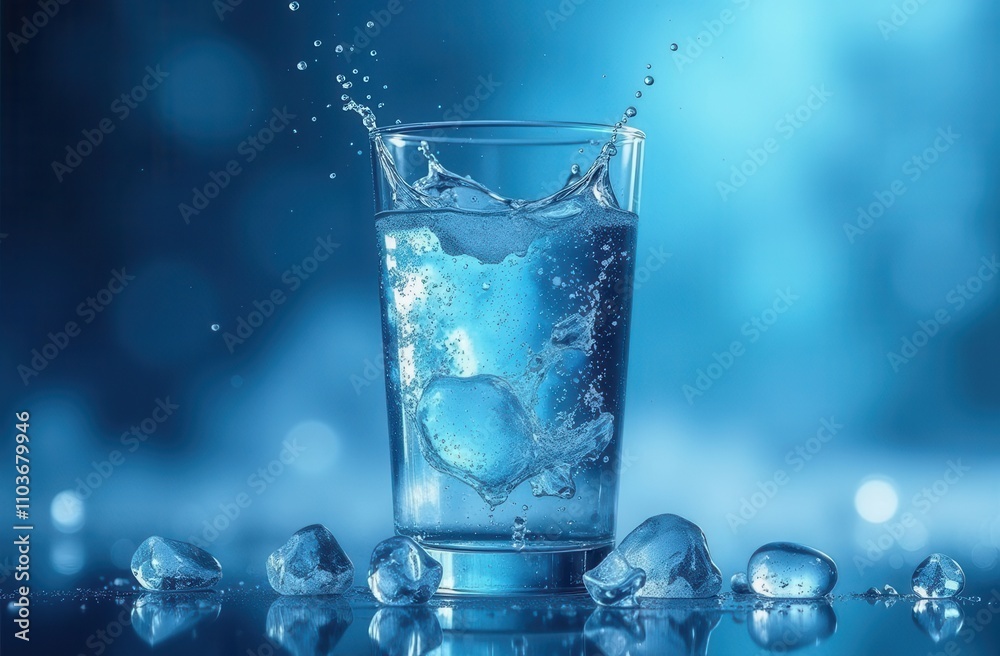 glass of water with ice on cold blue background glass of water with ice on cold blue background