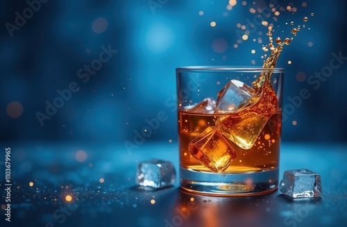 glass of cola with ice on blue background