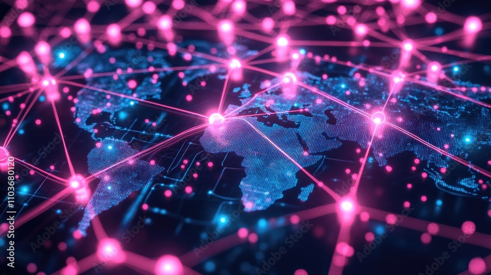 Obraz premium A network of holographic world maps with glowing connections, suspended in a dark tech lab; cyberpunk style, neon blue and magenta tones, ultra-detailed 
