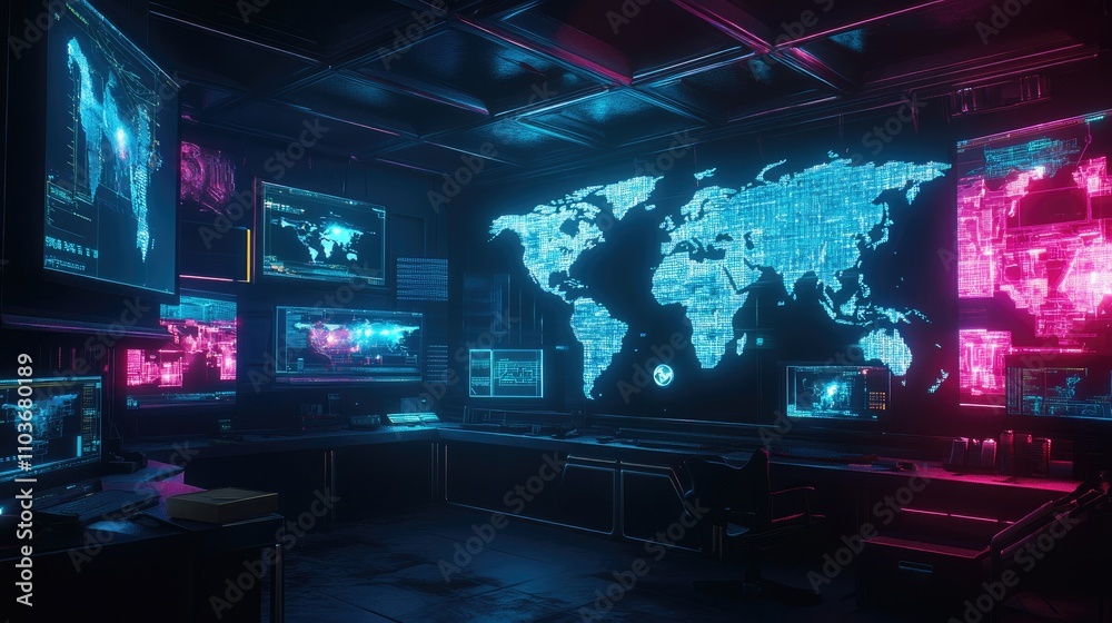 A network of holographic world maps with glowing connections, suspended in a dark tech lab; cyberpunk style, neon blue and magenta tones, ultra-detailed A network of holographic world maps with glowing connections, suspended in a dark tech lab; cyberpunk style, neon blue and magenta tones, ultra-detailed