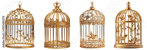 ornate golden birdcages collection decorative objects transparent background photo